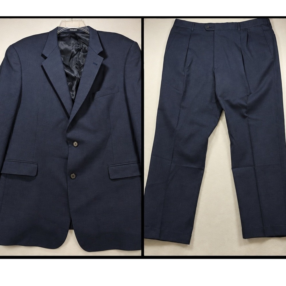 Austin Reed Mens Navy Blue Wool Blend 2 Piece Suit 48L Pleated Pants 44x32